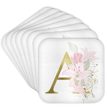 3drose, Pretty Pink Lily Floral Image of Gold Monogram Initial A, Set of 8 Coasters - Cork