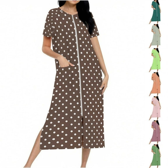 FRSASU Women's Long Knitted Bathrobe Casual Zipper up Comfortable Full Length Polka Dot Print Homewear Sleepshirts with Pocket Red