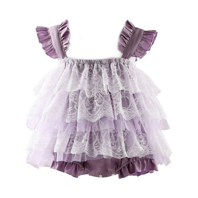 Virmaxy Pyjamas Graphiques Mignons pour Filles Tout-Petits Combinaison Élégante à Volants Manches Longues Robe à Bretelles en Maille Superposée Jupe de Gâteau pour Filles 3-18 Mois Violet