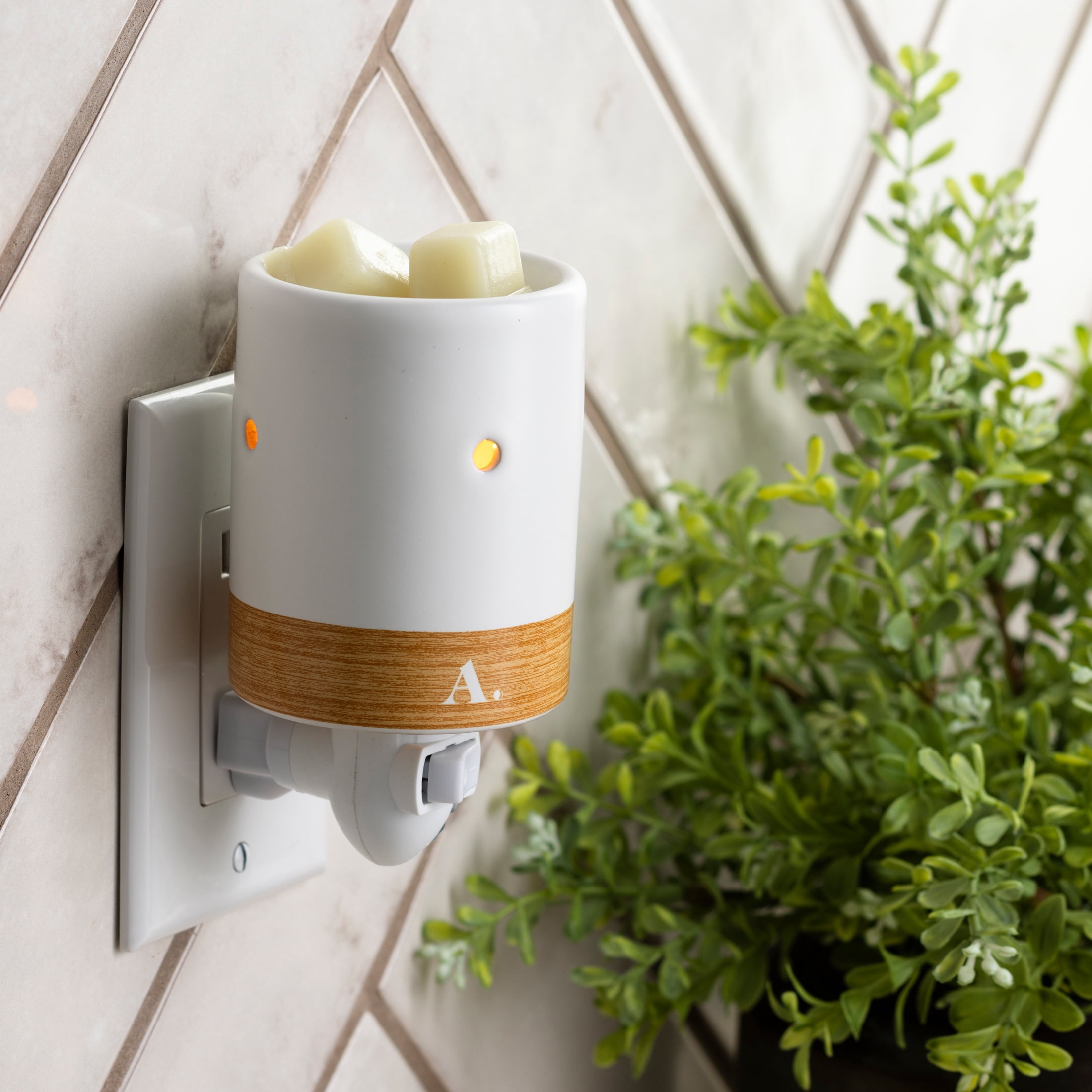 Allswell White Ceramic Pluggable Wax Warmer, Wood-Inspired Trim