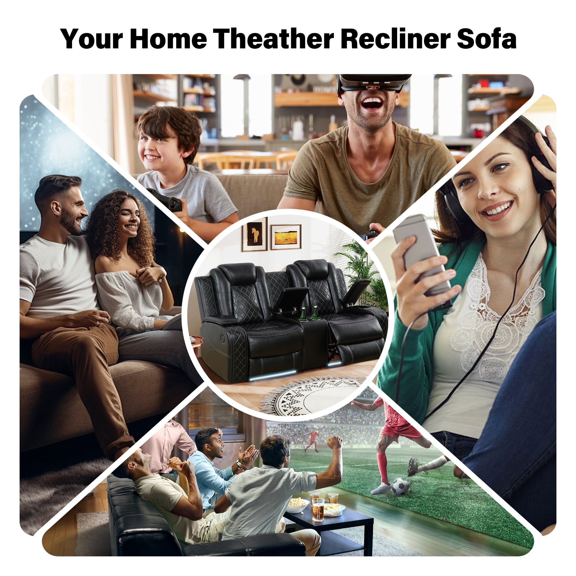 Aukfa 2-Seater Power Recliner Sofa with Cup Holders, USB Charging & Hidden Storage, Modern Electric Loveseat for Living Room Home Theater,Black