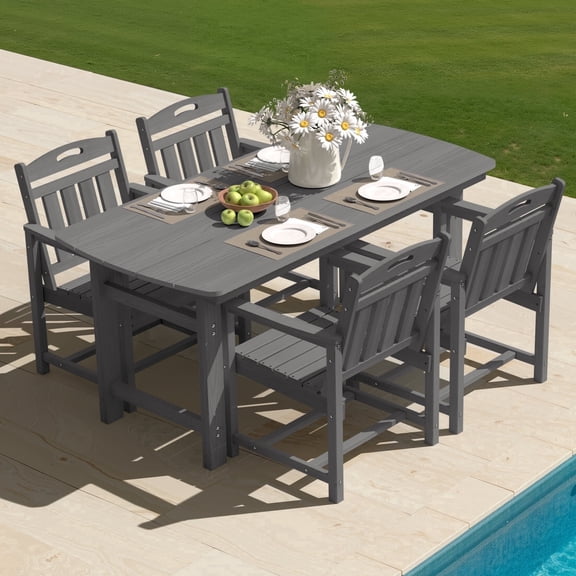Harbweb 5pc HDPE Outdoor Dining Set, All-Weather Wood Grain Patio Furniture, Gray
