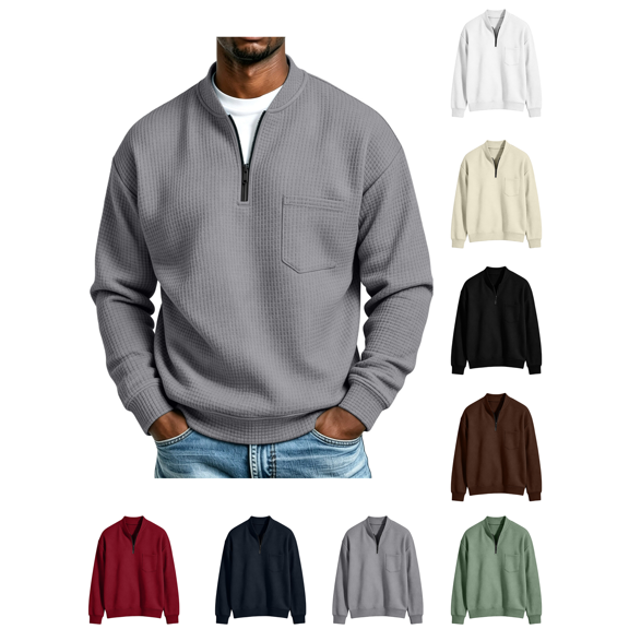 Zynoxe Sweatshirt for Men Comfort Waffle Knit Long Sleeve Pullover Top Fashion Half-Zip Henley Sweatshirt Versatile Solid Color Fall Sweatshirt with Chest Pocket & Elastic Cuffs Hem S