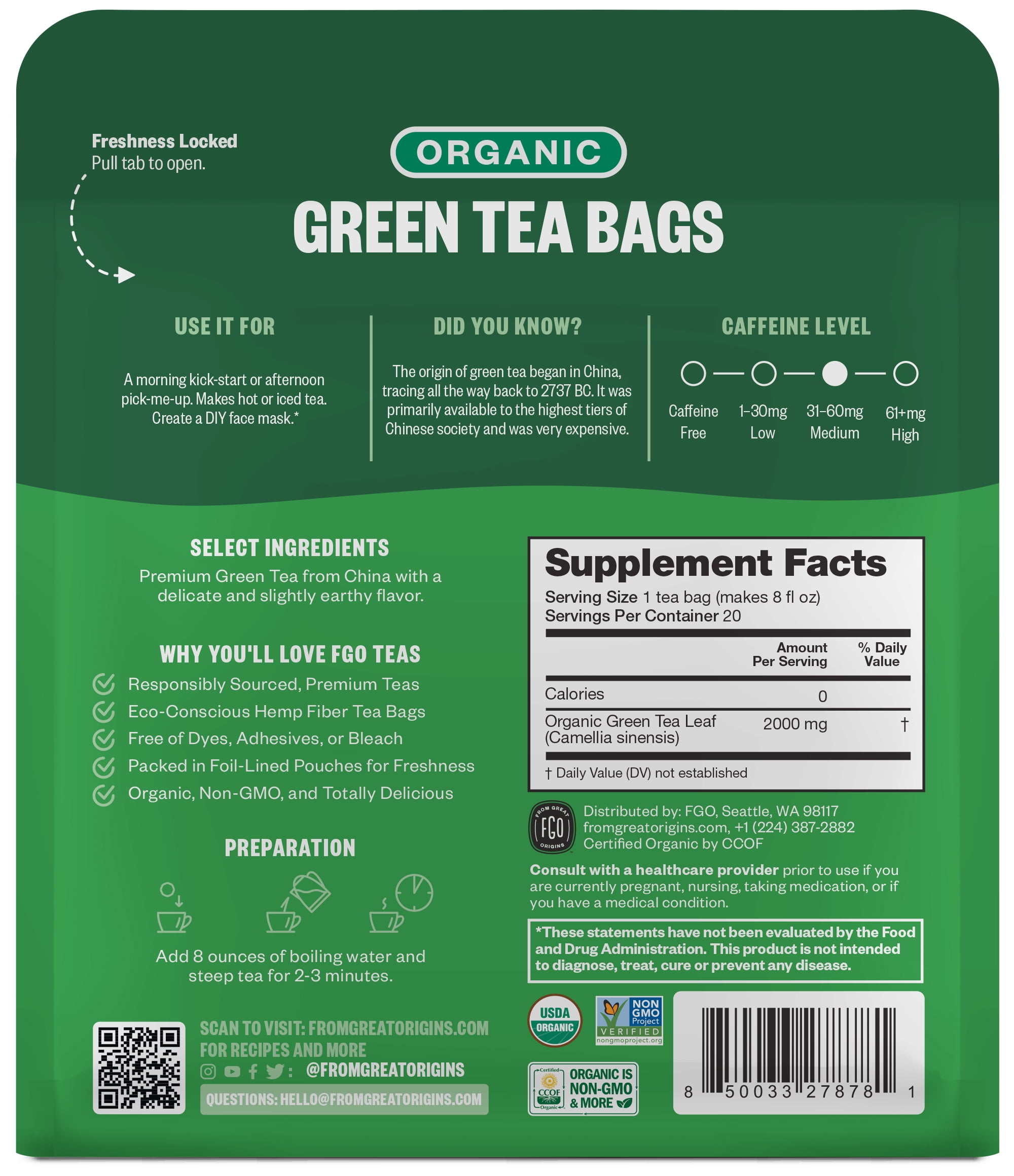 FGO Green Tea, Organic, Eco-Conscious Tea Bags (20 Count)