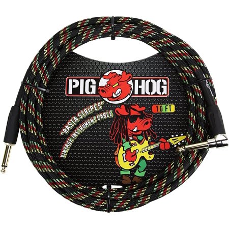 PCH10RAR 1/4" to 1/4" Right-Angle Rasta Stripes Guitar Instrument Cable, 10 Feet