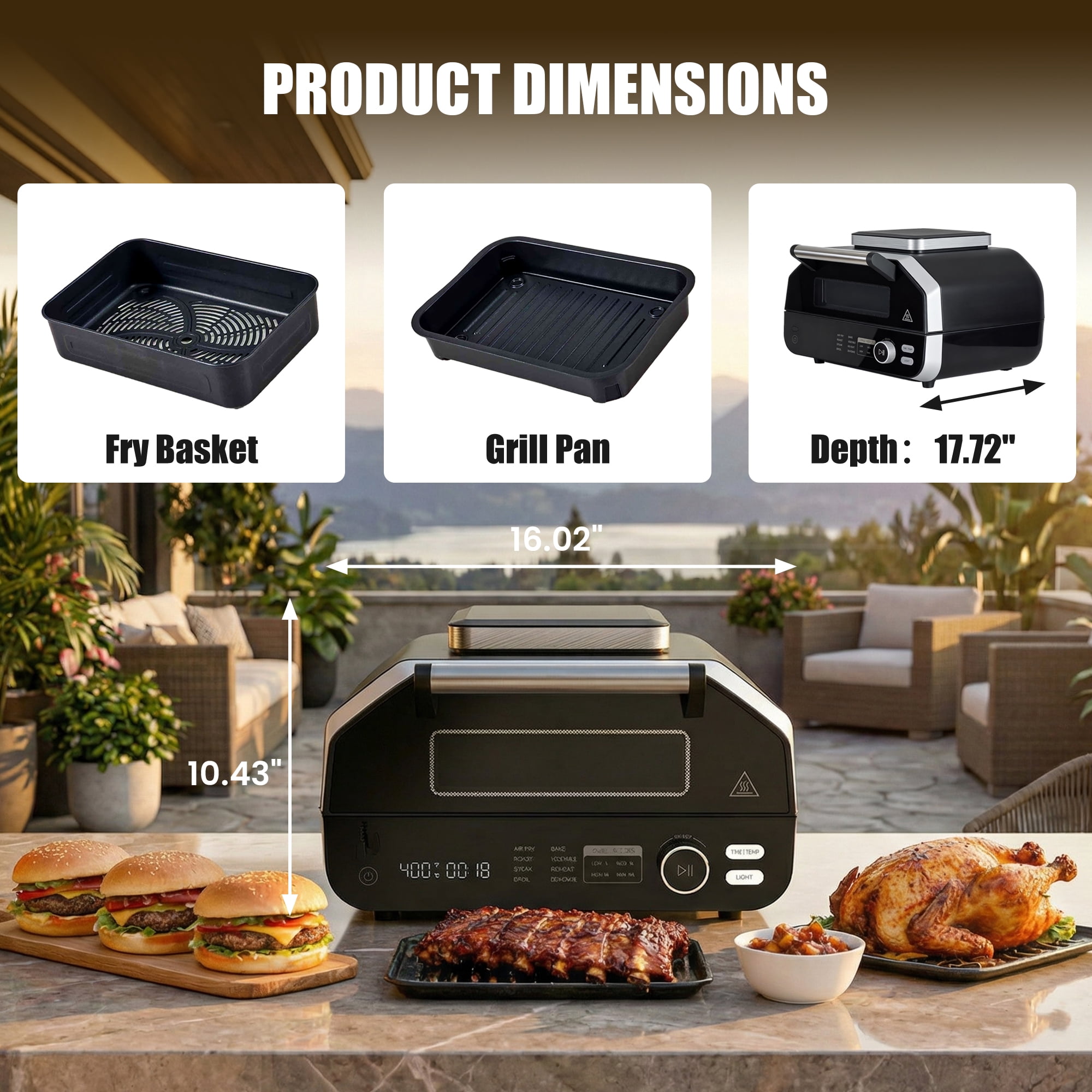 EDX Electric Air Fryer Grill Combo, 140ºF-450ºF Temperature Control, Multifunctional Steak Machine for BBQ Parties & Family Dinners, Black