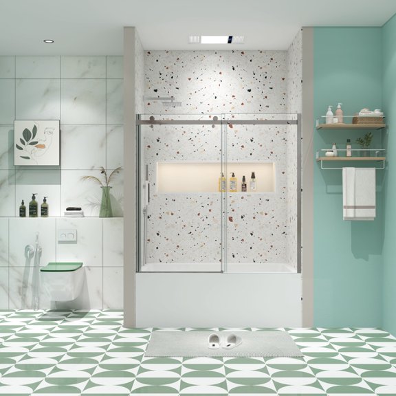 56-60"W x 58"H Sliding Shower Door, Glass Shower Door with Polished Chrome Finish and  5/16" Tempered Glass, Water Repellent Shower Glass Door for Bathroom