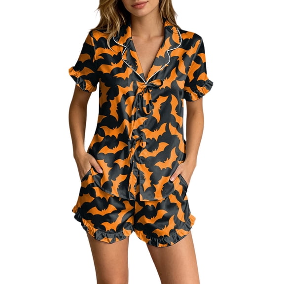 MEZZALL Women Halloween Satin Pajama Set Lightweight Lapel Collar Tie Front Ruffle Short Sleeve Top Elastic Waist Ruffle Shorts Loungewear Set Pumpkin Print Sleepwear Vacation 2 Piece Pjs