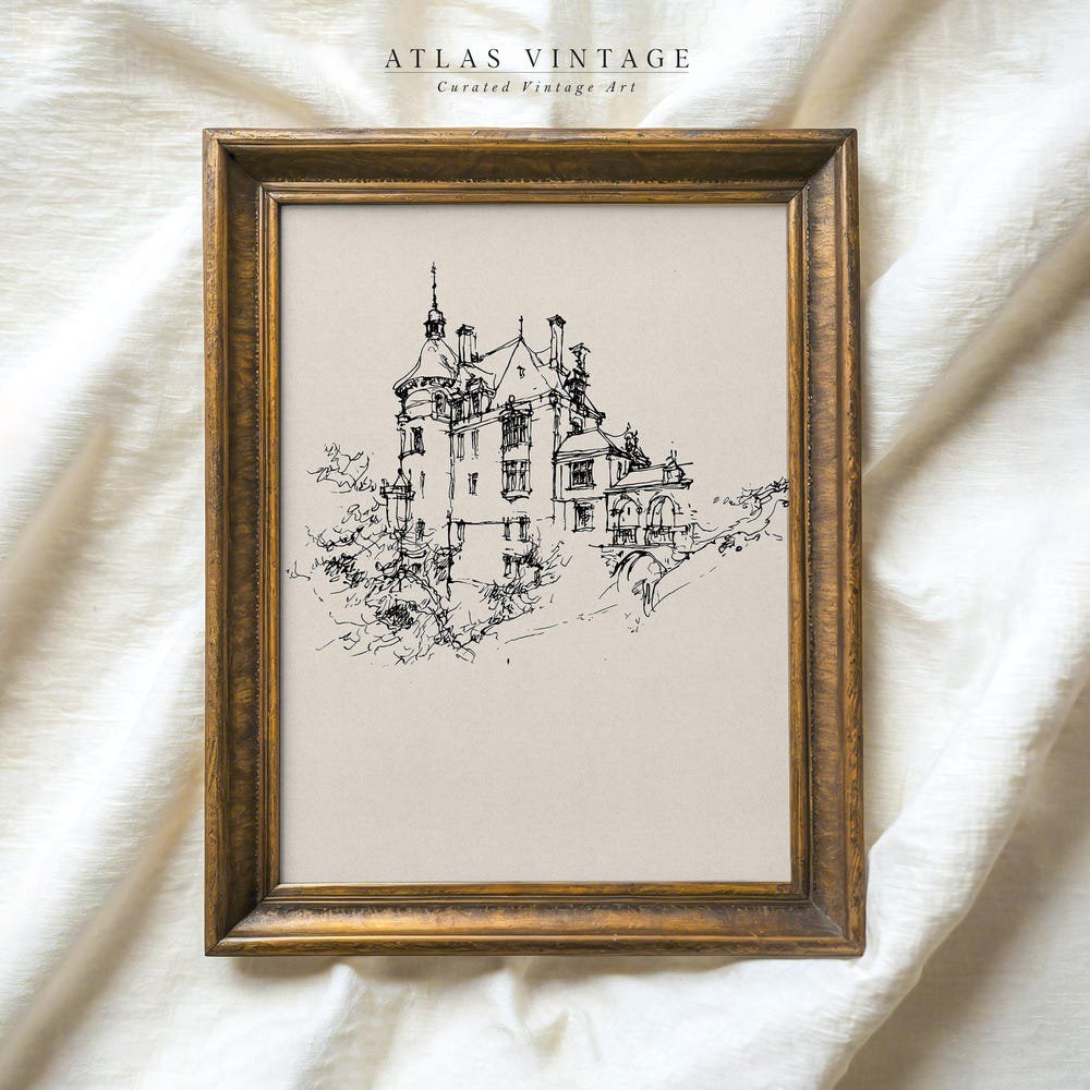 Vintage Castle Sketch Print European Castel Landscape Ink Drawing Wall Art Dark Cottagecore Decor Art