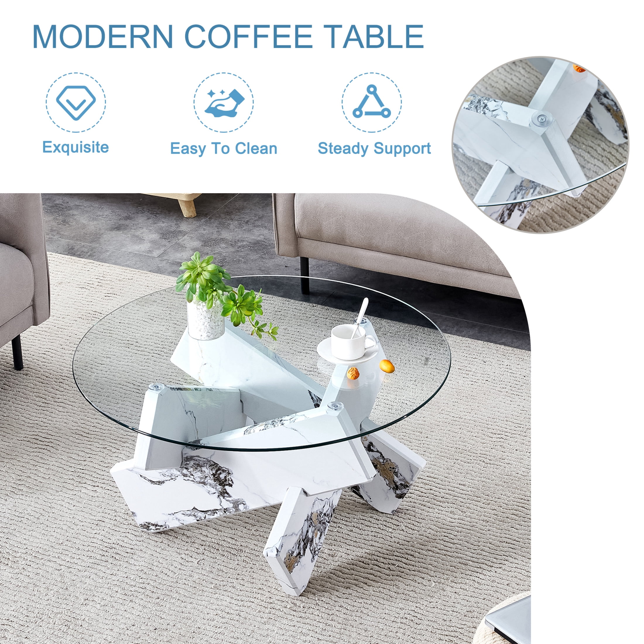 Noble House 33.4" Modern Round Glass Coffee Table, Tempered Top, Marble Patterned MDF Legs, Clear & White