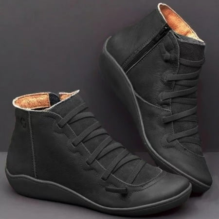

HRSR Leather Ankle Boots Autumn Vintage Lace Up Women Shoes Comfortable Flat Heel Boots Zipper Short Boot(Black 35#)