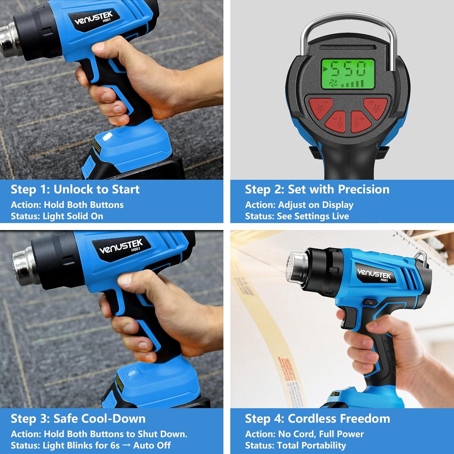 20V Cordless Heat Gun with 2 x 4.0Ah Batteries (122℉–1022℉) Fast-Heating Hot Air Gun Kit with Screen Display Variable Temperature Wind Speed, Portable Heat Gun for Shrink Tubing Vinyl Wrap