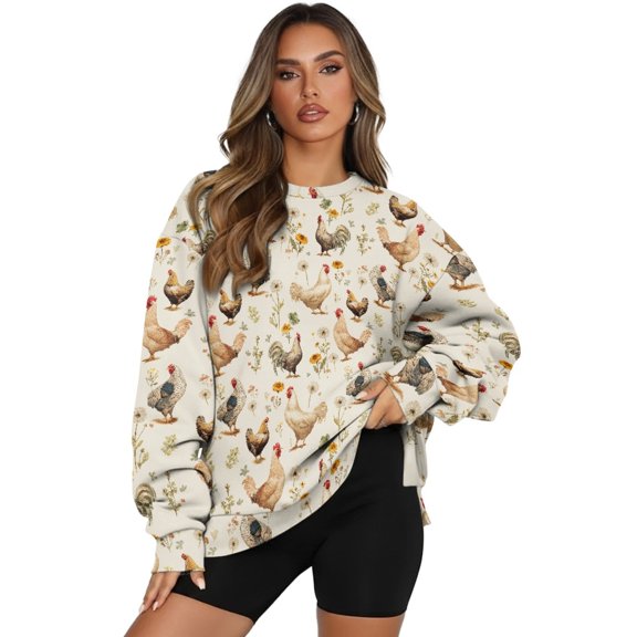 HELLHERO Rooster Flower Print Women Sweater Fall Long Sleeve Pullover Top Casual Loose Crewneck Sweatshirt Fall Winter Clothes Size XL