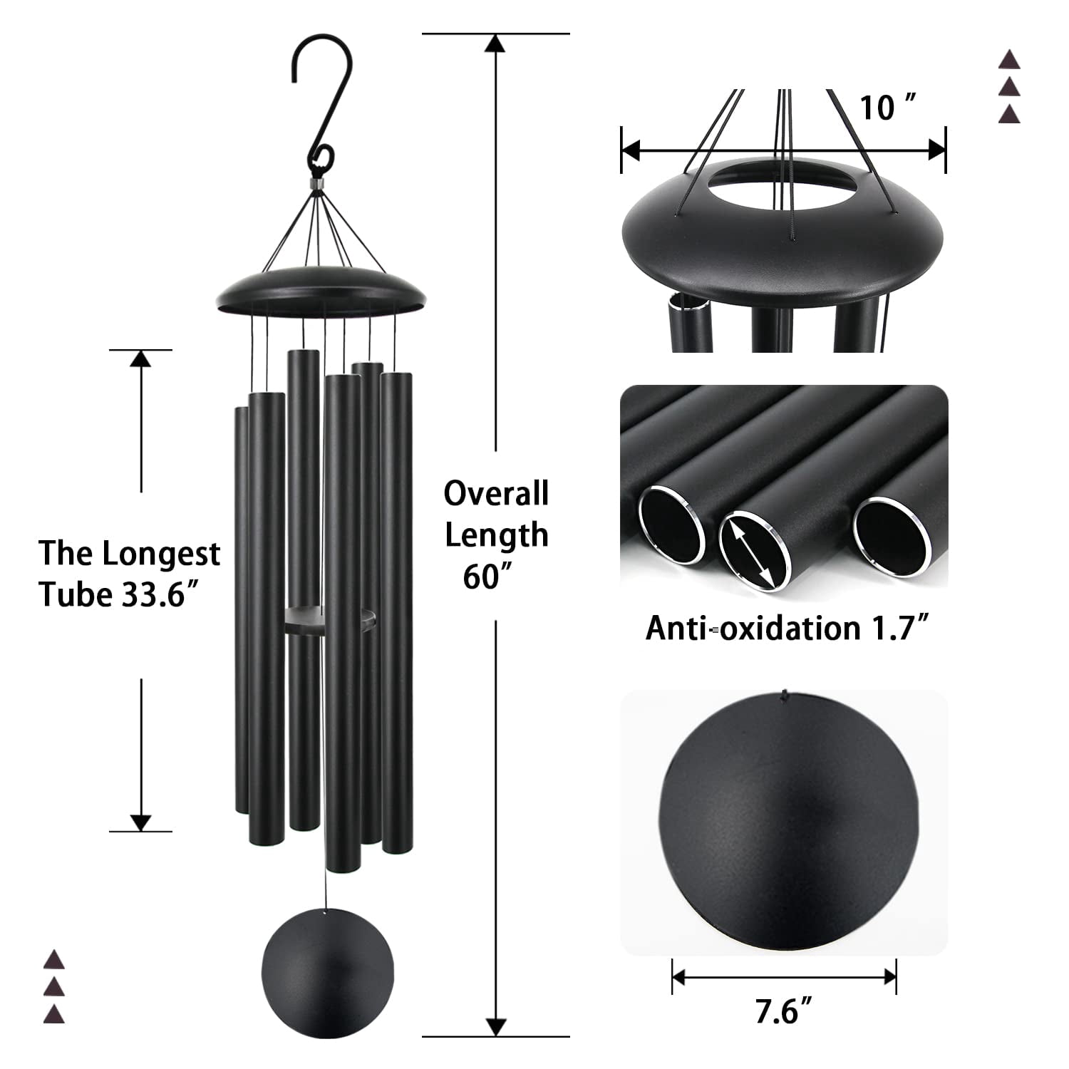 60" Extra Large Wind Chimes Outside Metal Windchimes With Deep Tone  Outdoor Bass For Patio Balcony Garden Yard Decoration Black