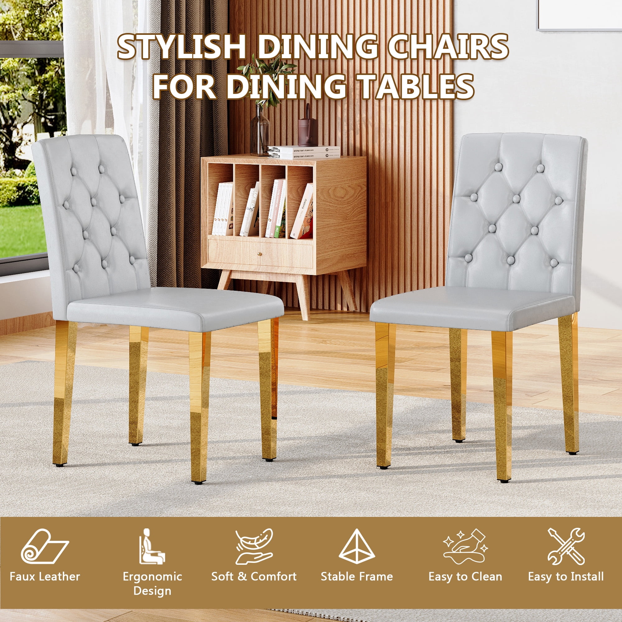 TesNus Dining Chairs Set of 2, 35" Height Light Gray PU Leather Tufted Back Upholstered Chairs with Gold Metal Legs for Dining Room Kitchen