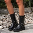 thumbnail image 2 of Womens Biker Motorcycle Mid Calf Boots Square Toe Low Heel Thick Sole Riding Boots with Fashion Buckles Studded, 2 of 7