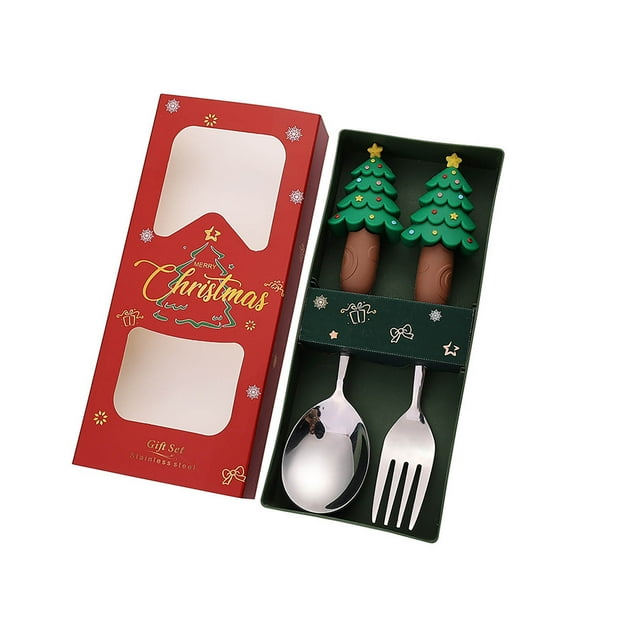 Juego de Cucharas Navideñas, Tenedor y Cuchara de Acero Inoxidable, Diseño de Muñeco de Papá Noel, Vajilla Navideña, Caja de Regalo Festiva, Perfecto para Cenas, Juego de 2 Piezas