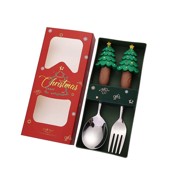 Juego de Cuchara y Tenedor de Postre Navideño | Vajilla de Acero Inoxidable con Un Adorable Mango de Papá Noel y Muñeco de Árbol | Caja de Regalo Festiva | Cubiertos Navideños Duraderos para Fiestas