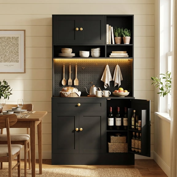 PULUOMIS LED Pantry Cabinets with Pegboard, Kitchen Pantry Storage Cabinet with Outlet & Microwave Stand, Kitchen Hutch Coffee Bar with 5 Hooks and Adjustable Shelf, Black