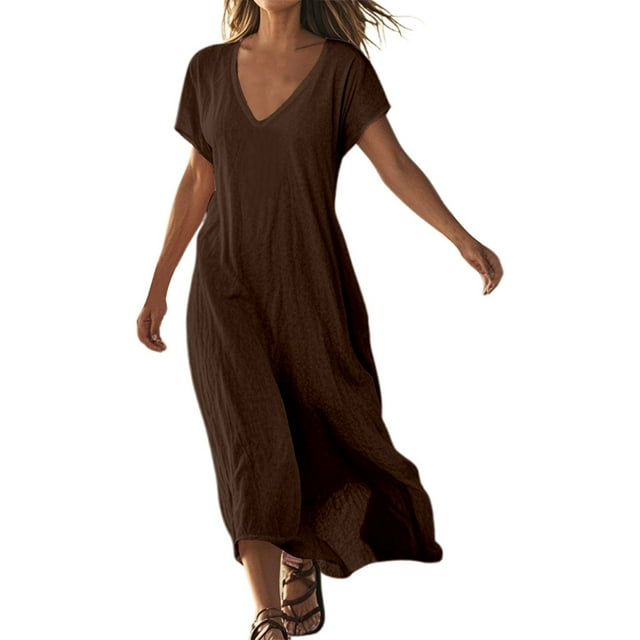 Robe Décontractée en Lin Col en V Manches Courtes Ample pour Femmes, Robe de Jour Confortable Couleur Unie