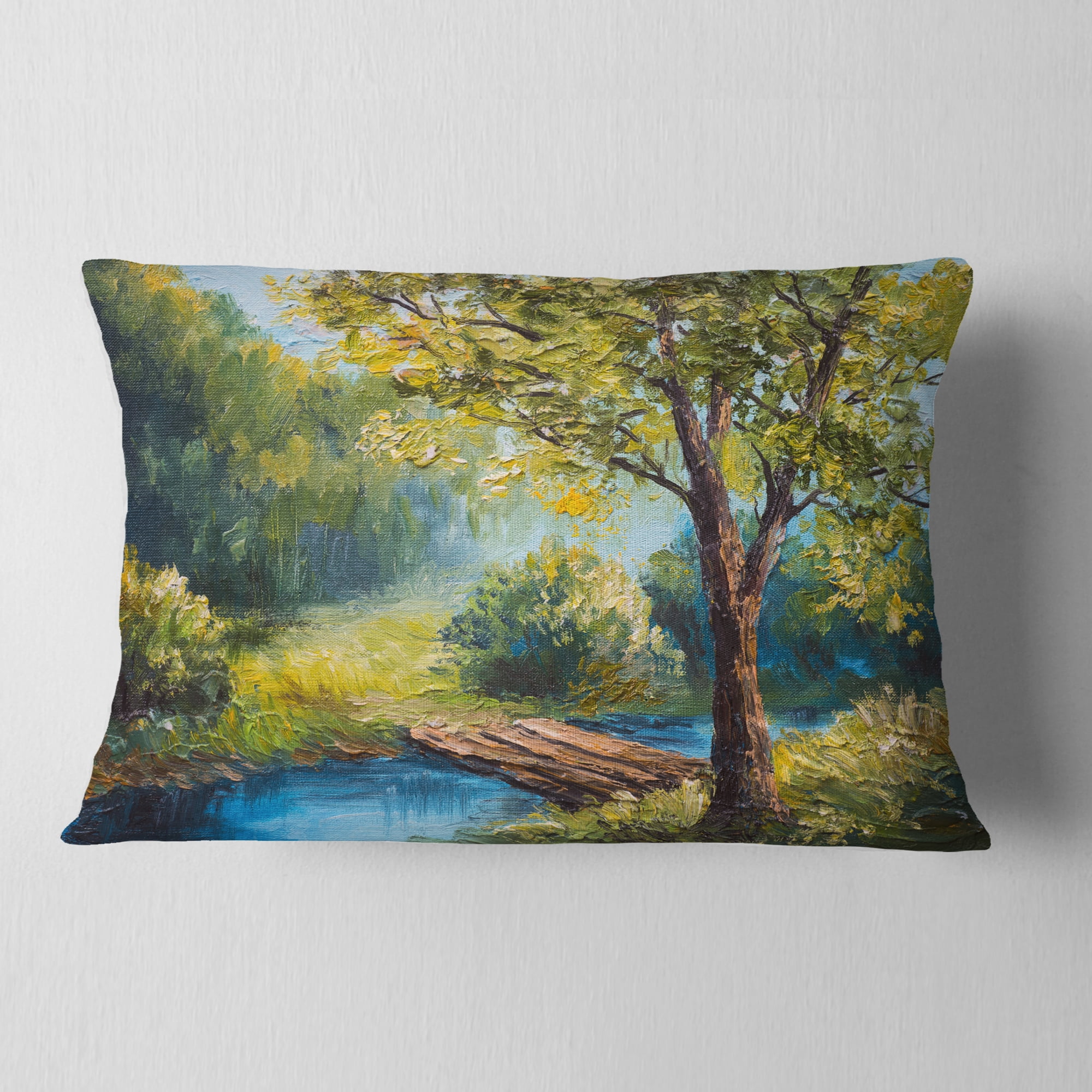 Designart Summer Forest with Beautiful River - Landscape Printed Throw Pillow - 12x20
