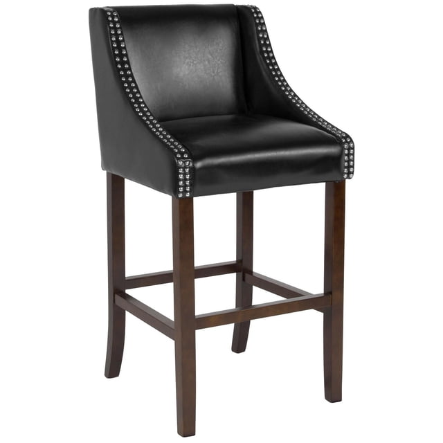 Carmel Series 30" High Transitional Walnut Barstool with Accent Nail Trim in Black Leather