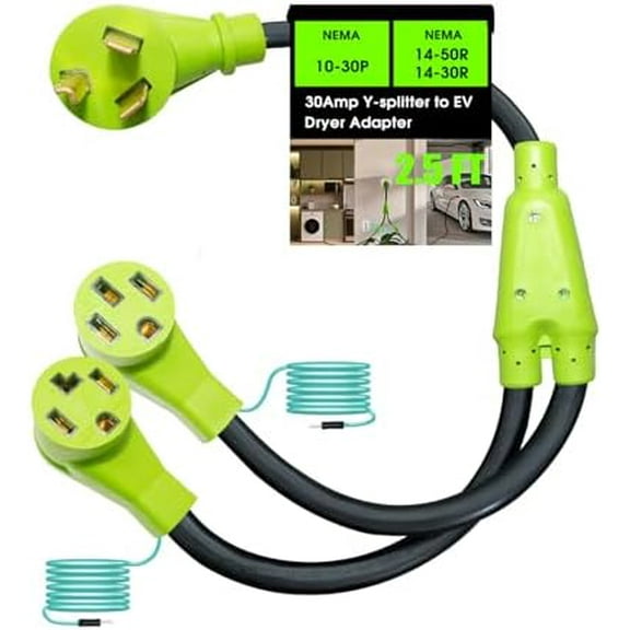 30 Amp 240V Y Splitter for Dryer and EV Charger, 3 Prong NEMA 10-30P to 14-30R/14-50R Dryer Adapter, Adapter for 14-50P EV Charging and Modern Standard Dryers,STW 3/10 AWG, 2.5FT