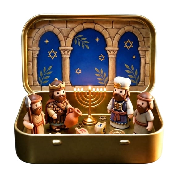 Hanukkah Menorah Diorama, Miniature Holiday Display in Golden Keepsake Tin for Seasonal Decor