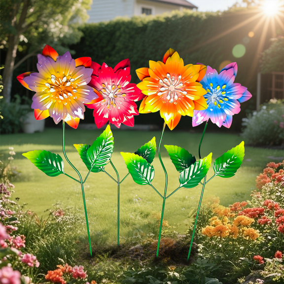 Garden Decor for Outside, 4 Pack Flower Garden Stakes Outdoor Decor Metal Shaking Head Yard Art, Weather Proof Flower Stakes for Yard Porch Lawn Pathway Pot Decorations(Multi-Color)