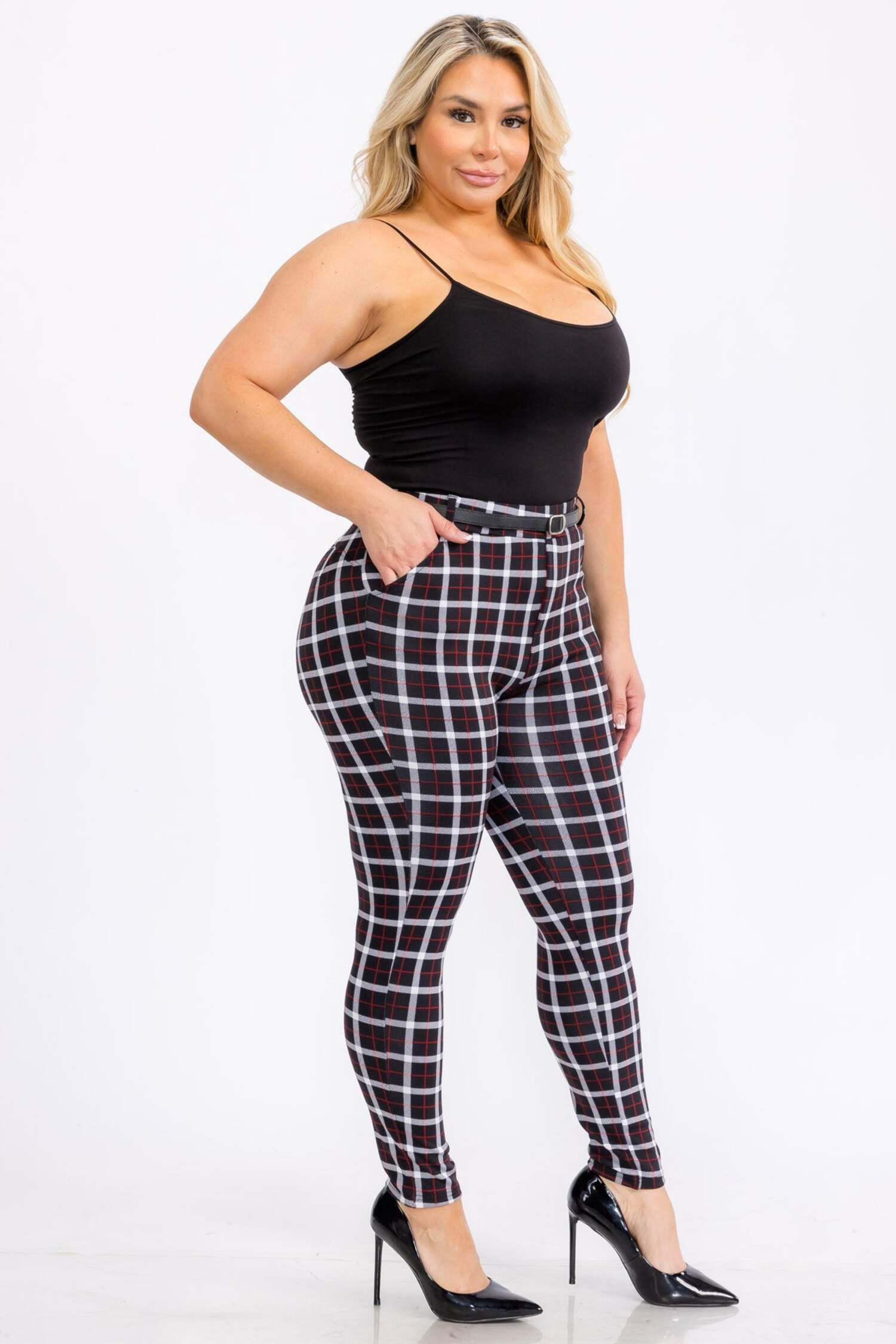 Plus Size Sculpting Treggings with Faux Leather Belt - Black, White, Red Plaid