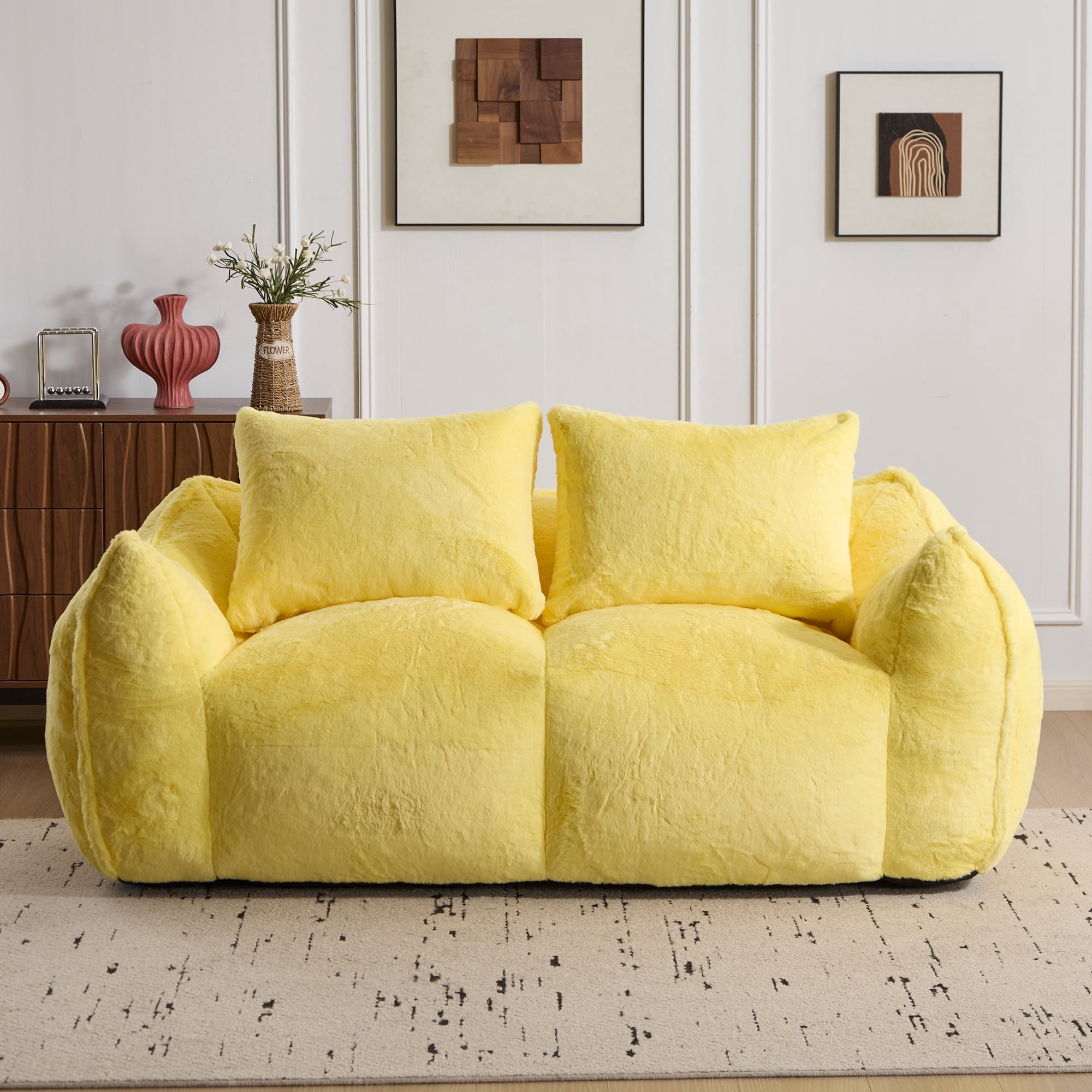 Leumius 2 Seater Boneless Sofa,Giant Bean Bag Sofa Couch with Pillows, Oversized Chaise Lounge Chair for Living Room Bedroom,No Assembly,Yellow