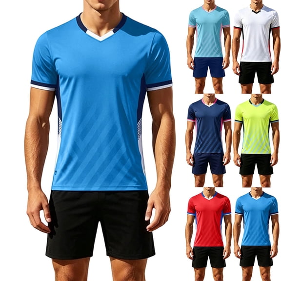 SGFCWSX Mens Soccer Set 2 Piece Striped V Neck Quick Dry Short Sleeve Shirt and Shorts Football Training Athletic Outfit Blue Size L