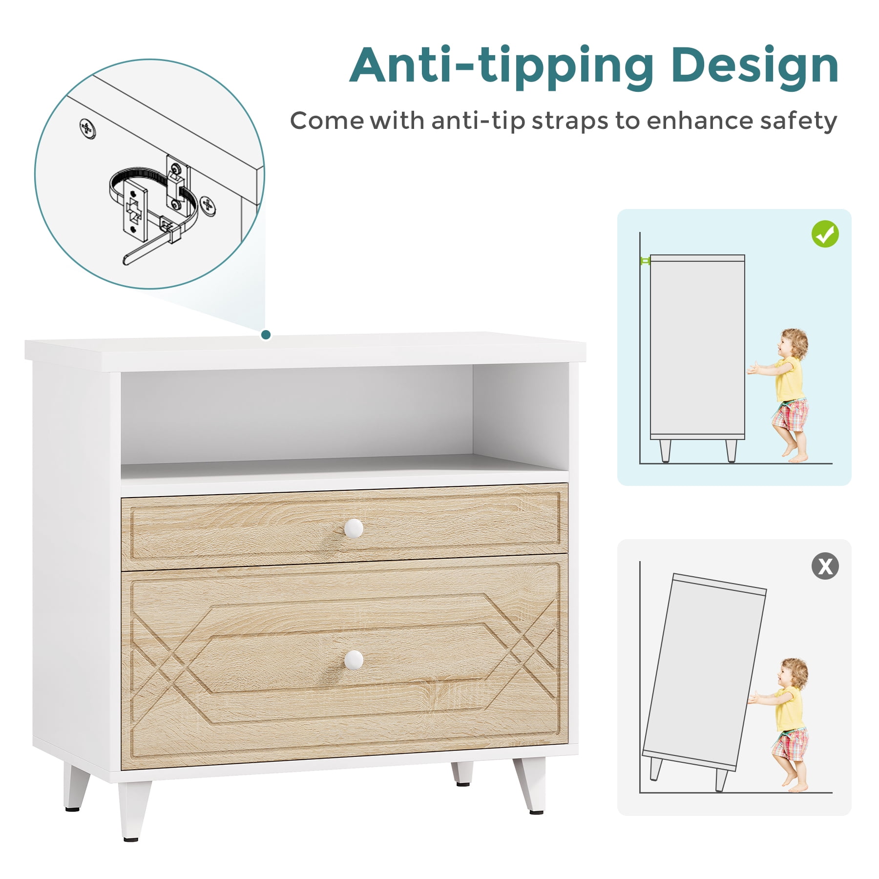 Condemo Large Storage MDF Board Metal Lateral File Cabinet Printer Stand, White and Light Brown