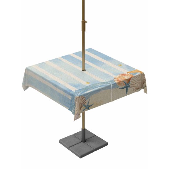 Outdoor Tablecloth with Umbrella Hole for Patio/Picnic/Party/Camping, Summer Ocean Waterproof Table Cloth Square Cover Washable, Blue Coastal Beach Starfish Shells Couch Beige (60"x 60")