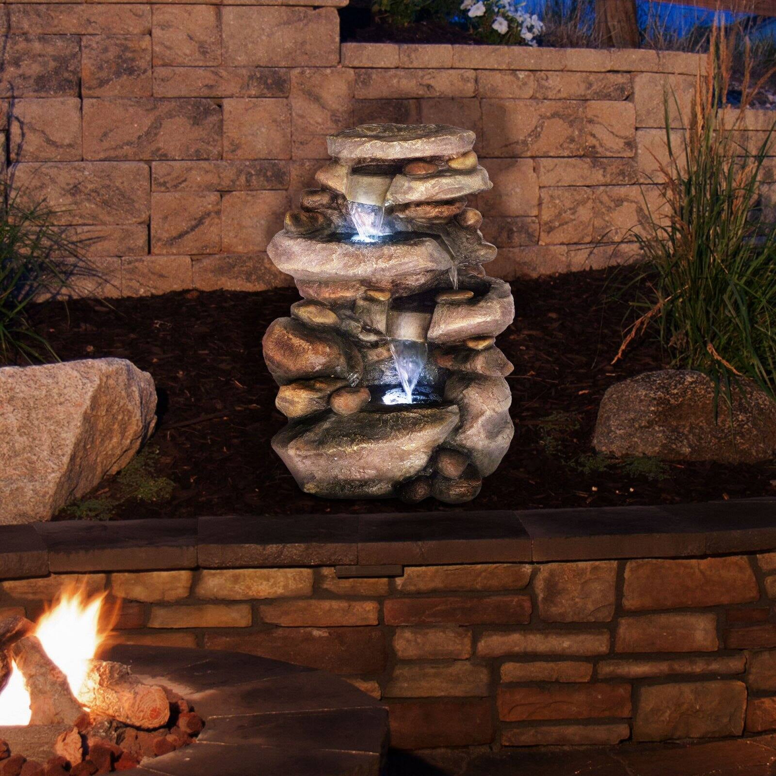 Tabletop Water Fountain LED Lights Cascading Stone Rock Falls 15.5 Inches High 