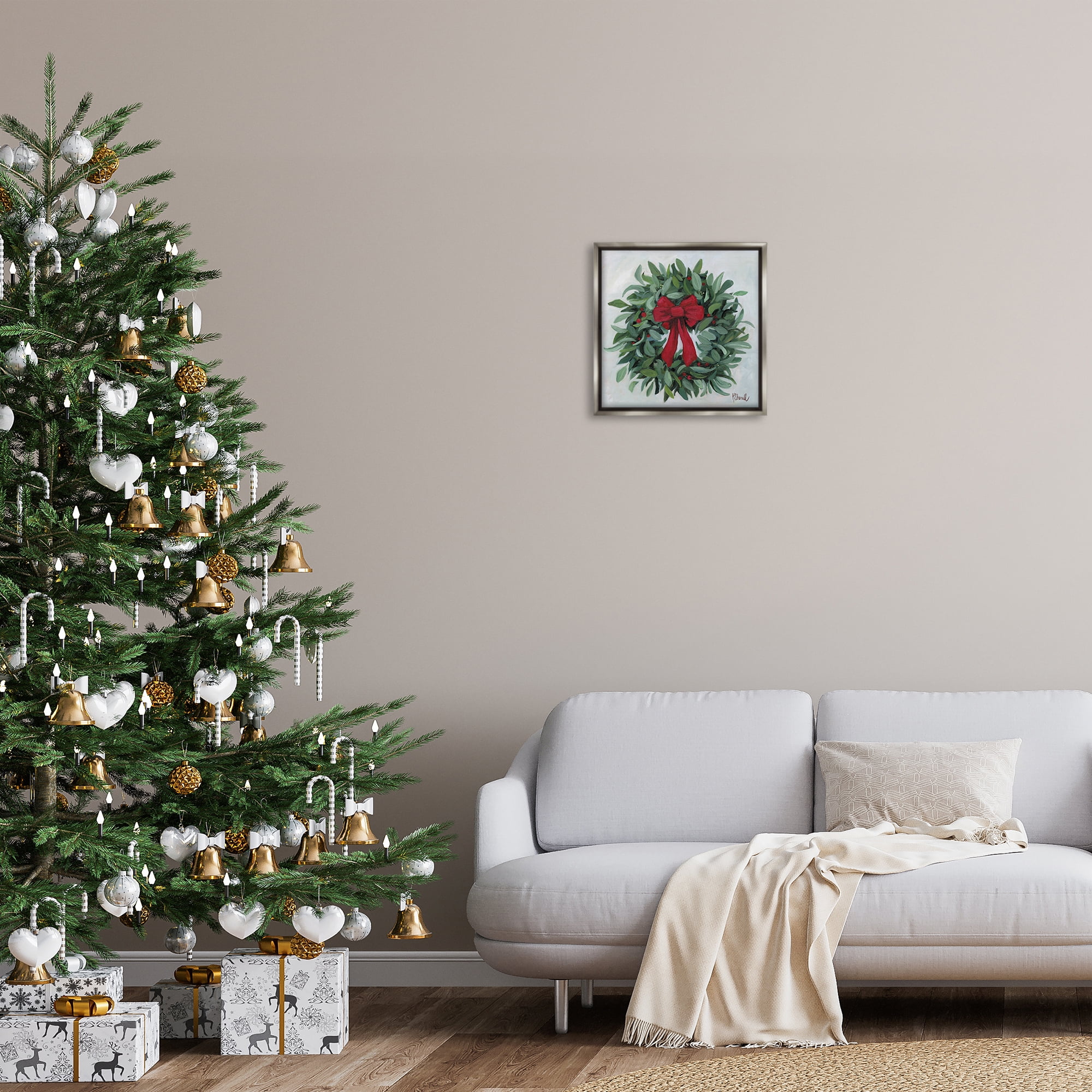 Stupell Industries Wreath with Red Bow Holiday Painting Gray Floater Framed Canvas Art Prints Wall Art, 18 x 18