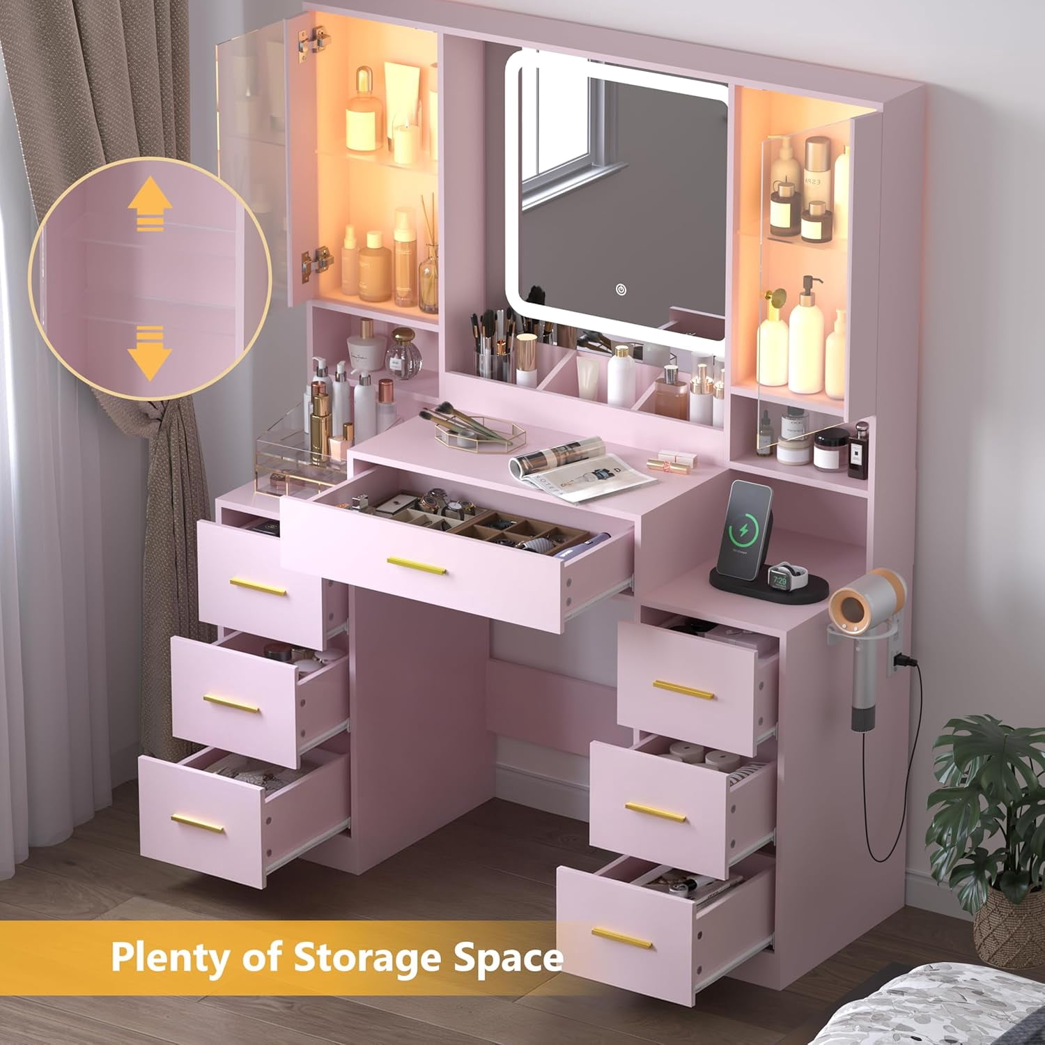 FANRAL Large Vanity Desk with LED Lighted Mirror & RGB Glass Cabinets,Built-in Charging Station & 7 Drawers,Modern Dressing Table for Bedroom Beauty Spaces,Pink Vanity