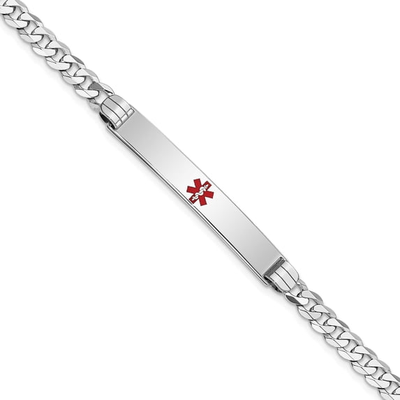 14K White Gold Medical Red Enamel Flat Curb Link Id Bracelet (7 X 6.5) Made In United States xm591crw-7