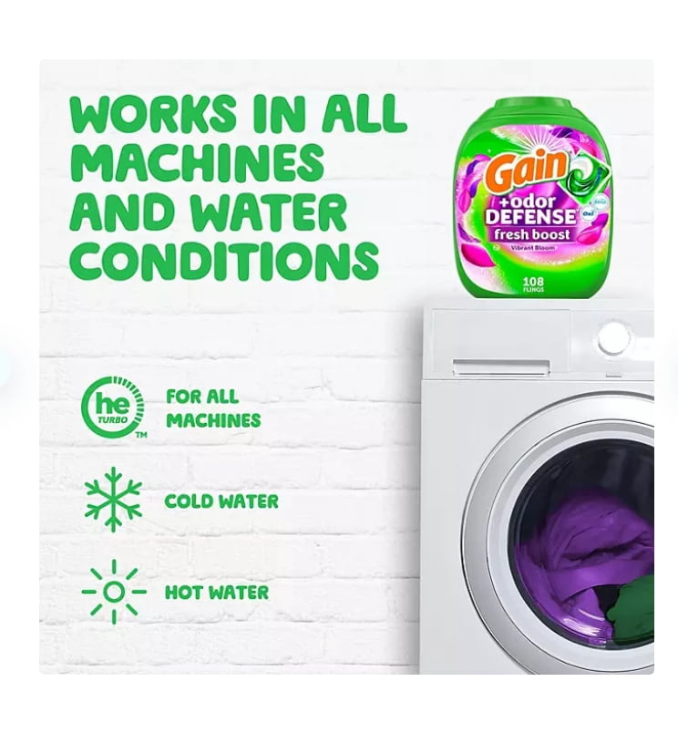 Gain Flings! Odor Defense Fresh Boost Laundry Detergent Pacs, Vibrant Bloom, 108