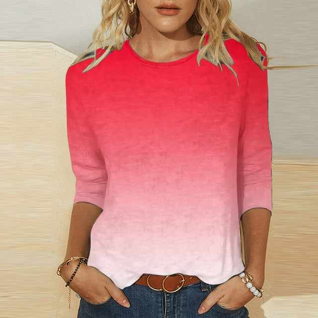 EQWLJWE Hauts à Manches 3/4 Grande Taille pour Femmes T-shirt Ample Imprimé de Mode pour Femmes Blouse à Manches 3/4 Col Rond Hauts Décontractés Hauts pour Femmes Manches 3/4 Liquidation