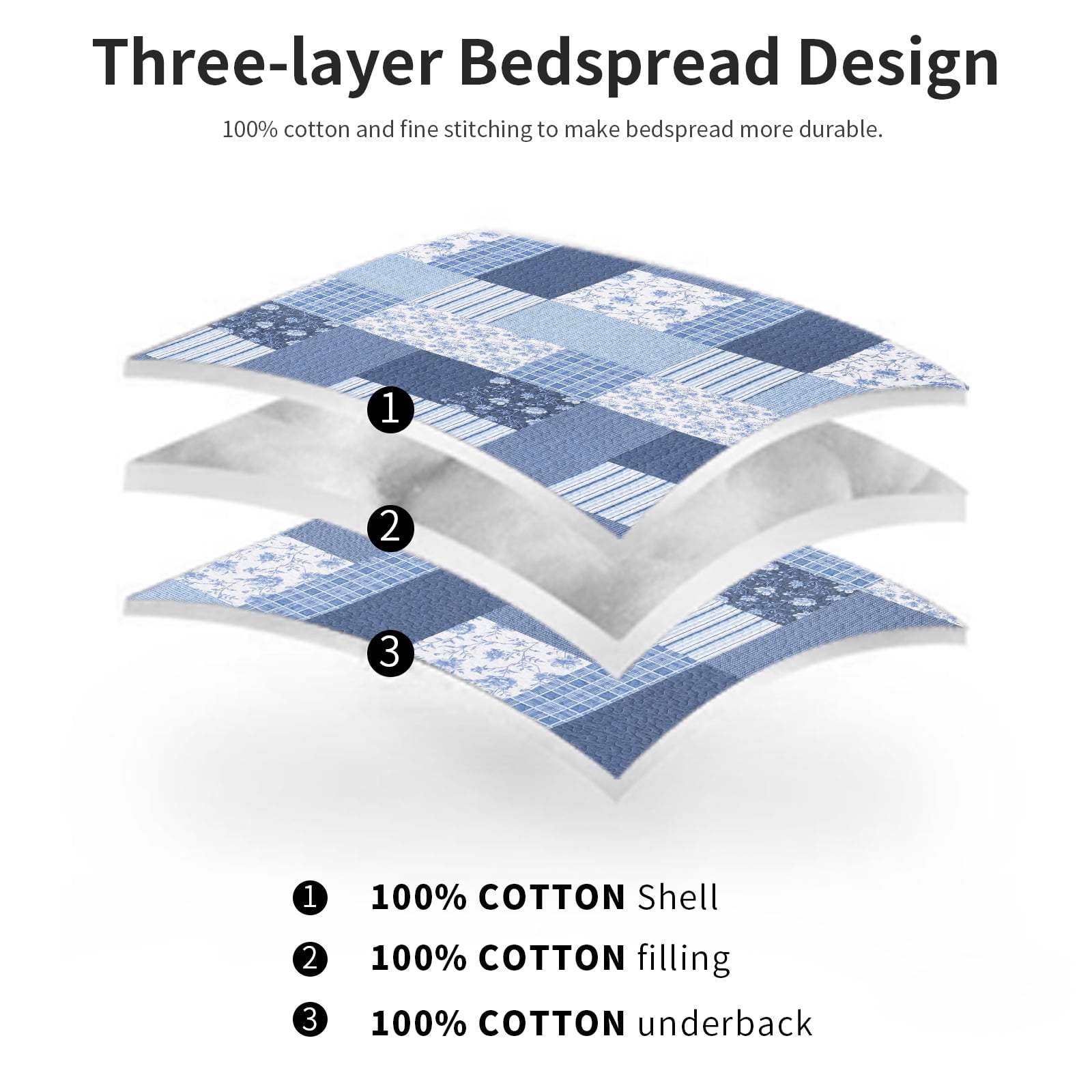 DDUOXIN Blue King Size Quilts - 100% Cotton King Size Bedspread Quilt Set, Floral Plaid Quilt for King Bed, Lightweight Reversible Bed Spread Bedding Set with 2 Pillow Shams for All-season, 3-Piece