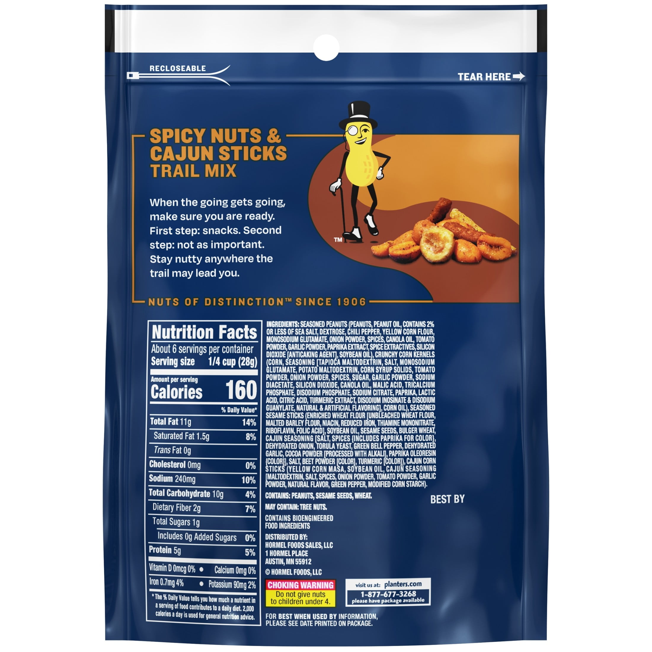(6 pack) PLANTERS Spicy Nuts and Cajun Sticks Trail Mix with Spicy Peanuts, Plant-Based Protein, 6 oz Plastic Resealable Bag
