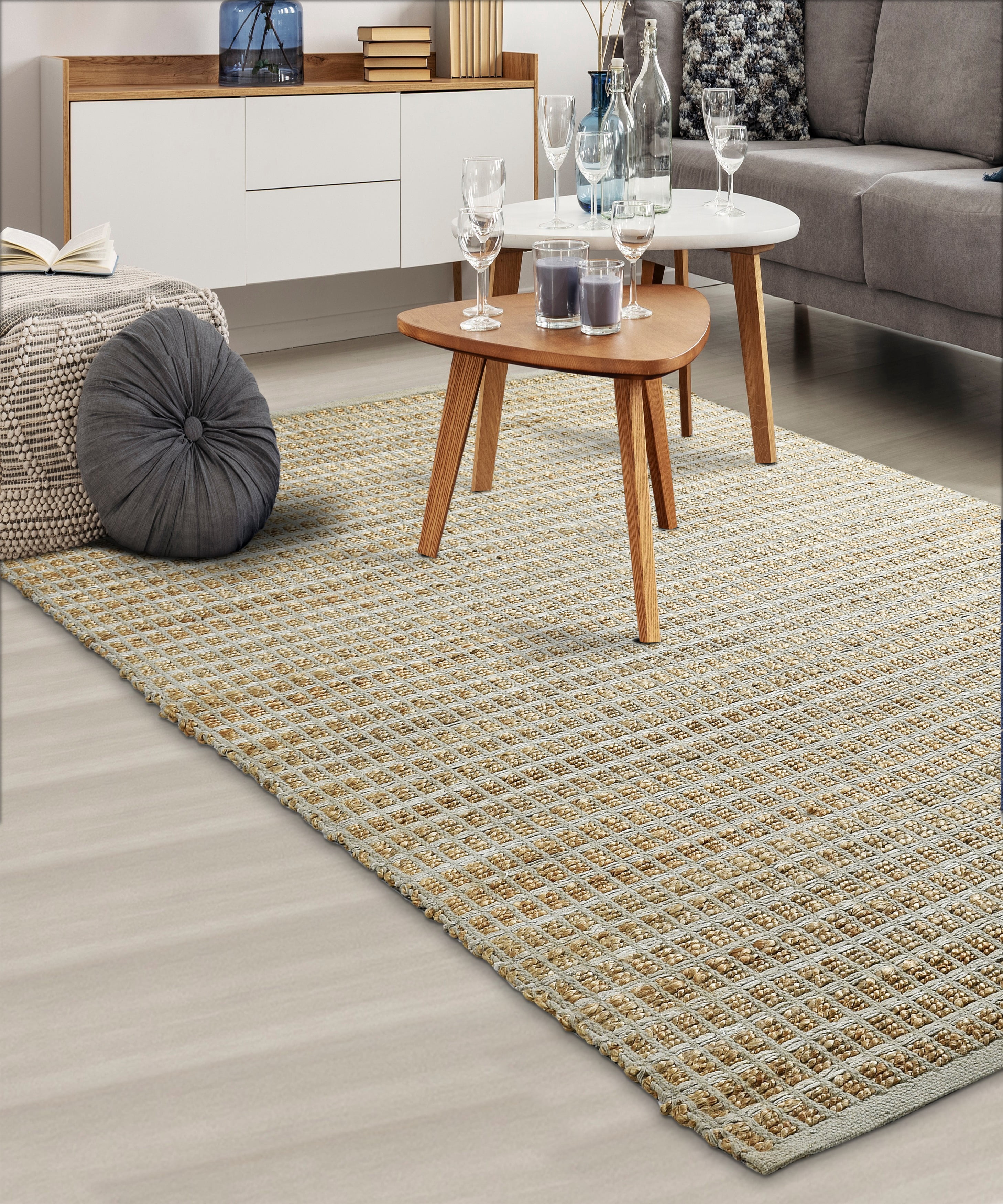 LR Home Gray Modern Grid Natural Jute Area Rug, Natural / Gray, 7'9" x 9'9"