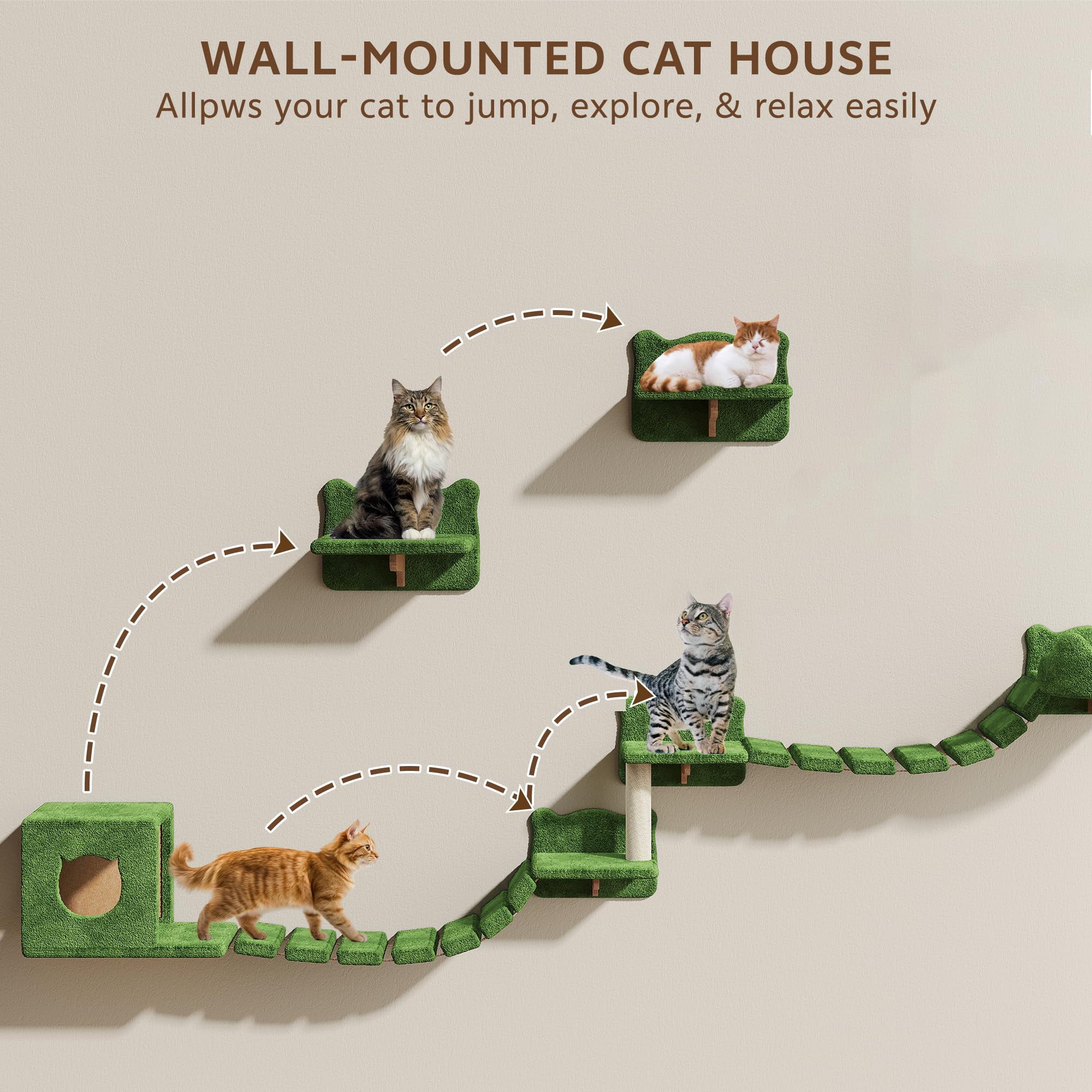 9-in-1 Cat Wall Shelves  Multi-level Mounted Cats Furniture Set With Plush Fabric Floor Space-saving Wooden Climbing Systems Bridge Ladder Condos Green