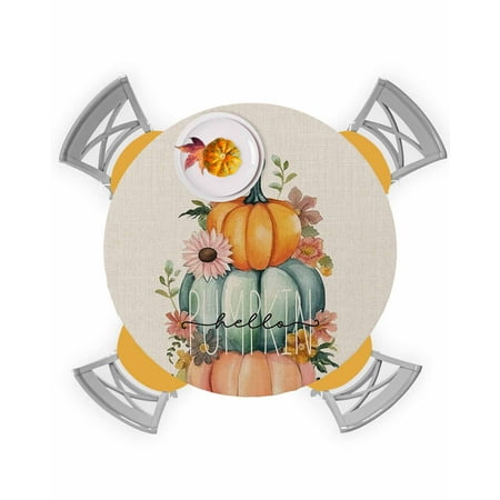 

Round Tablecloth with Elastic Hello Pumpkin Pink Blue and Orange Pumpkin Waterproof Stain-proof Table Cover Wipeable Fitted Table Cloths for 45 -54 Round Tables Dining Kitchen