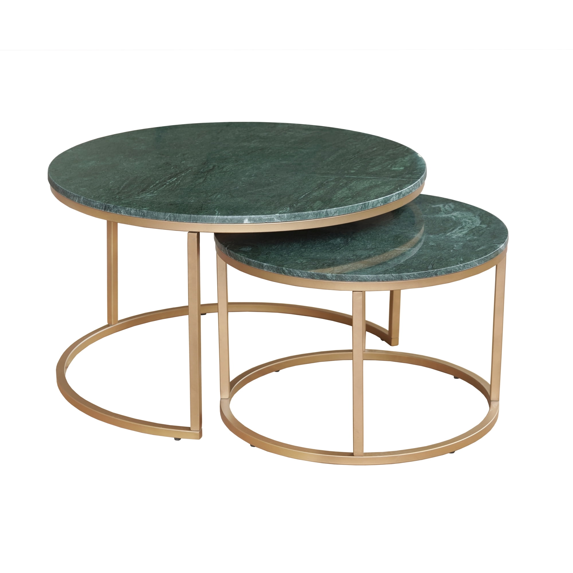 Ox Bay Savannah Set of 2 Nesting Coffee Tables, Round Green Marble Top with Gold Base, Indoor Glam Style