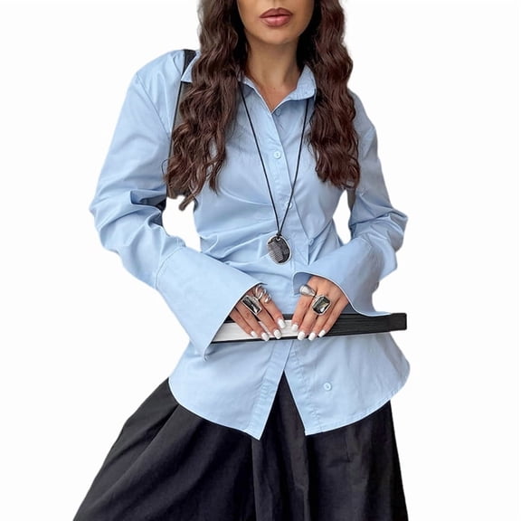 Women'S Wrap Button Down Blouse Long Sleeve Lapel Shirts Asymmetrical Going Out Tops Office Outfits Blue L