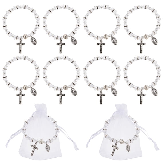 24pcs Beaded Stretch Rosary Bracelet Rosary Bead Bracelet with Mesh Bags Baptism Communion Shell Bracelets Seashell Color Catholic Bracelets with