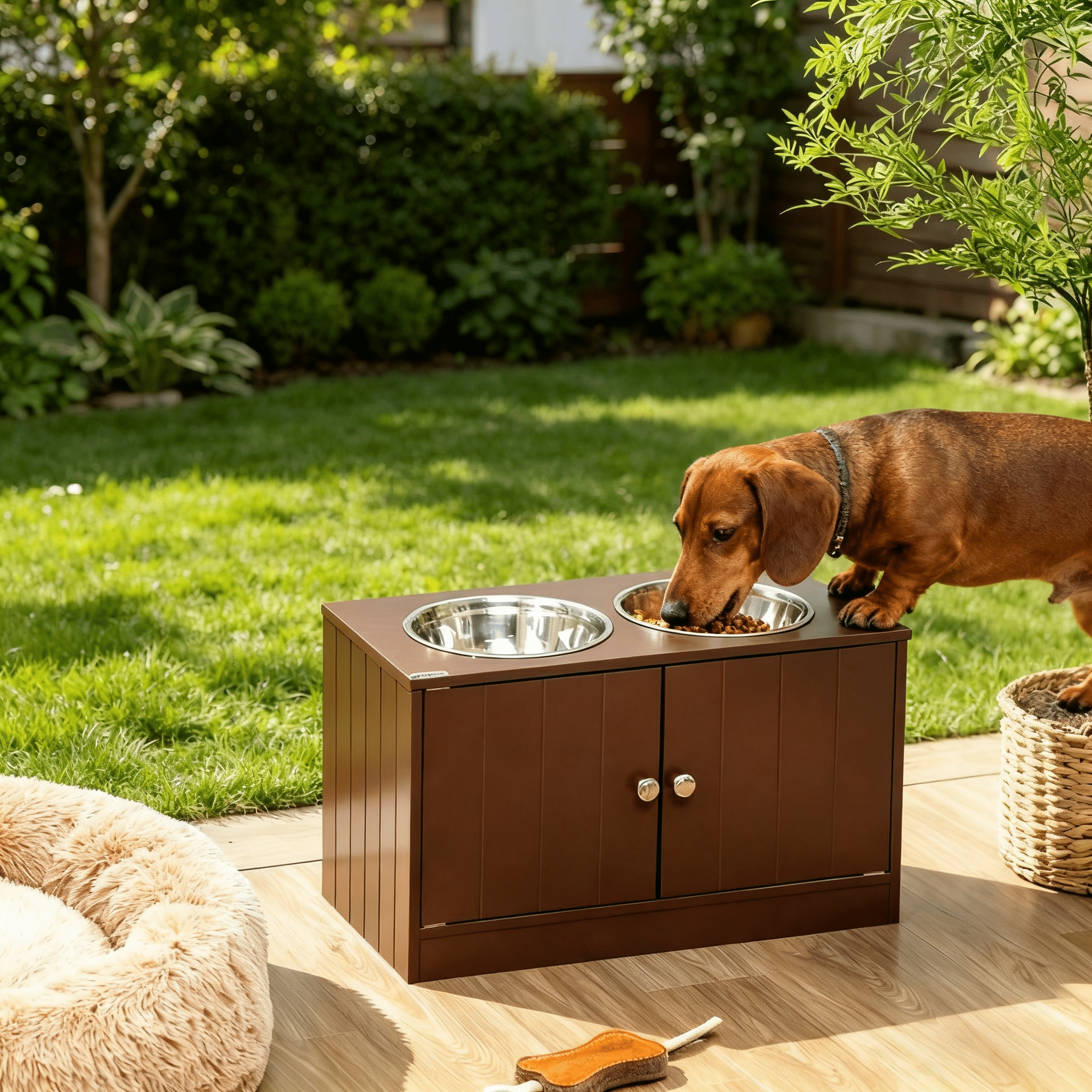 Elevated Dog Bowls with Storage Cabinet, Raised Pet Feeder Stand with Magnetic Doors, Dishwasher-Safe Stainless Steel Bowls for Large Dogs