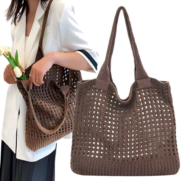 AOMRCOL Summer Beach Raffia Straw Bags Women'S Shoulder Bag Crochet Handbag Knitted Hollow Tote Bag - Coffee